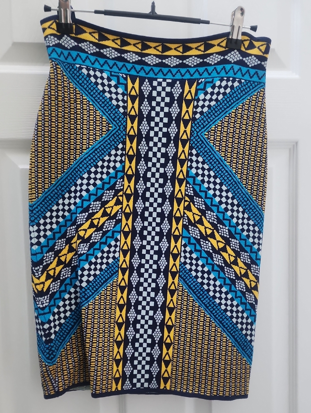 BCBGMaxAzria Geometric Print Pencil Skirt in Blue, Yellow, Black